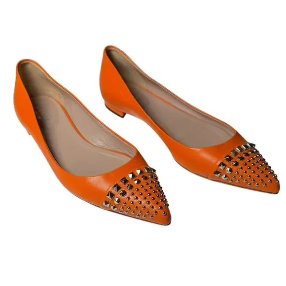 Gucci Pointed Toe Orange Leather Flats Silver Stud Toe Cap Slip On EU 37 US 7 - Picture 1 of 14